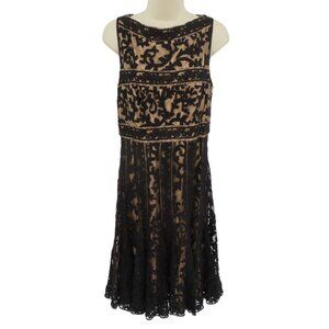 Tadashi Shoji Women 6 Black Scroll Lace Overlay Beige Sleeveless Cocktail Dress